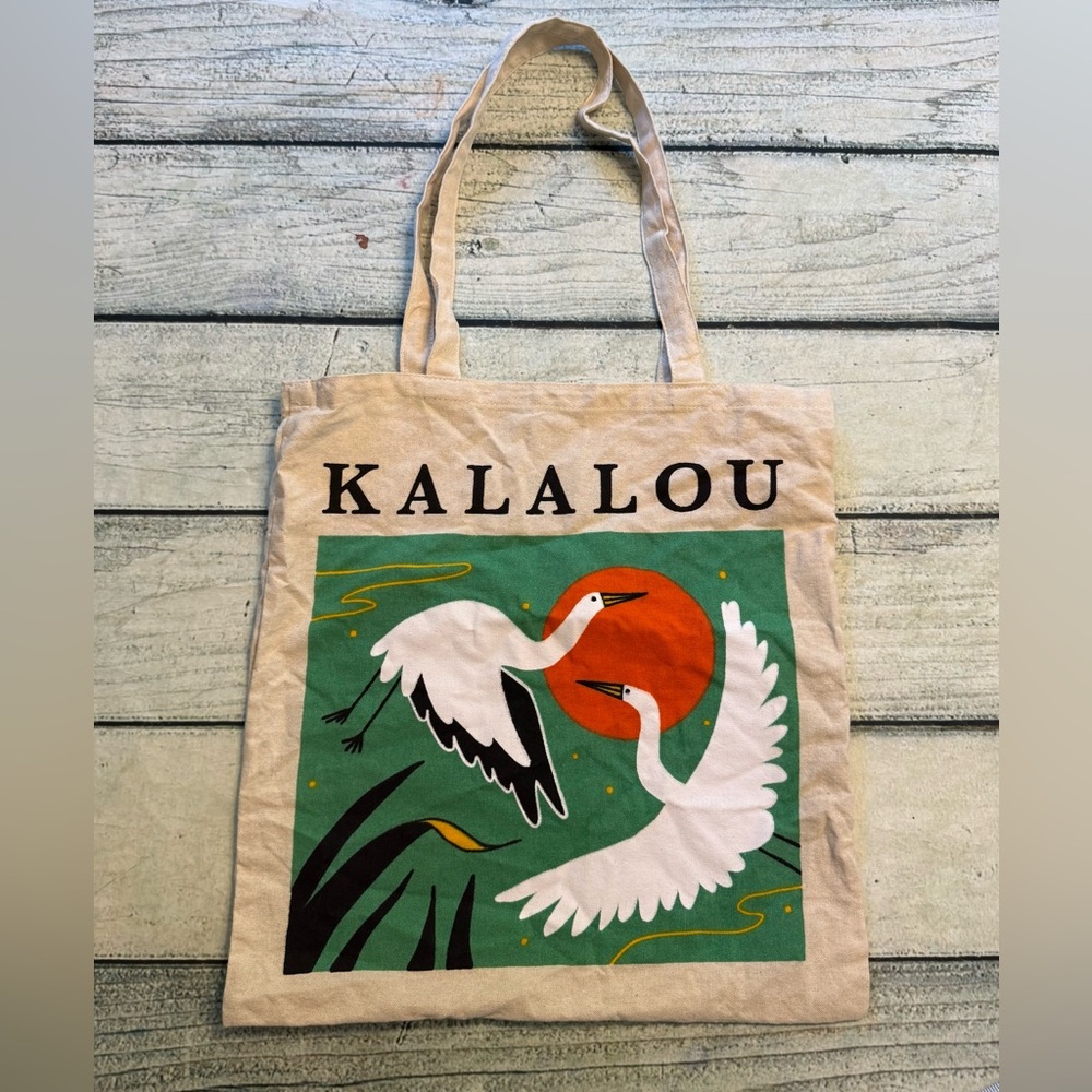 Kalalou white birds orange sun canvas tote bag purse.
